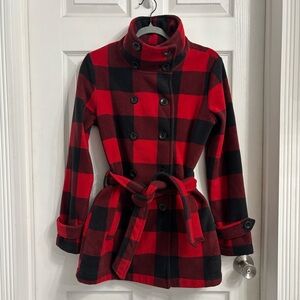 Ike Behar Red and Black Plaid Trench Coat Size Small Cozy Warm